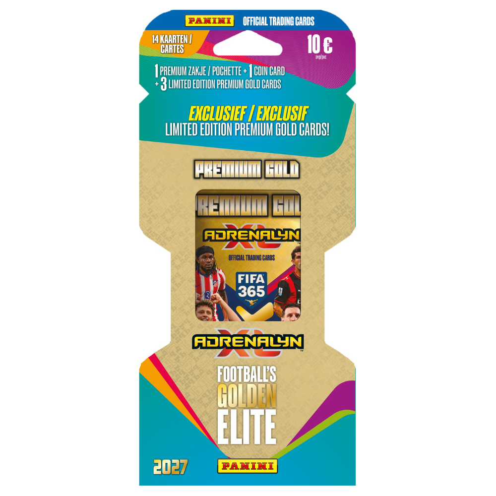 Collexstickers Panini Adrenalyn XL FIFA 365 2027 Premium Gold Blister card pack featuring collectible football cards and packaging.