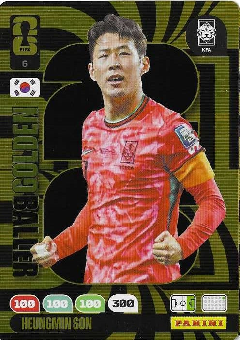 Six Panini Adrenalyn WK 2026 Golden Ballers collectible cards featuring vibrant football player images by Collexstickers.