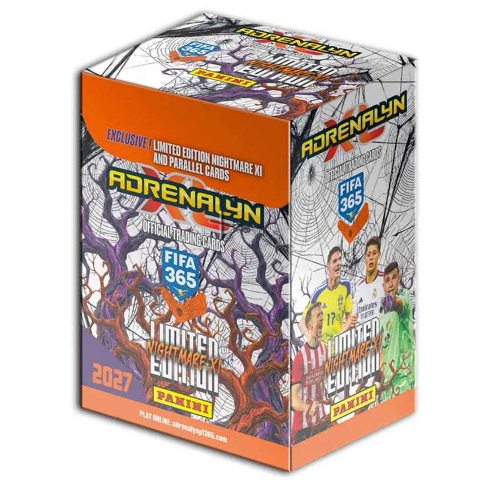 Collexstickers Panini Adrenalyn XL FIFA 365 2027 Nightmare XL box with colorful trading cards and game accessories inside.