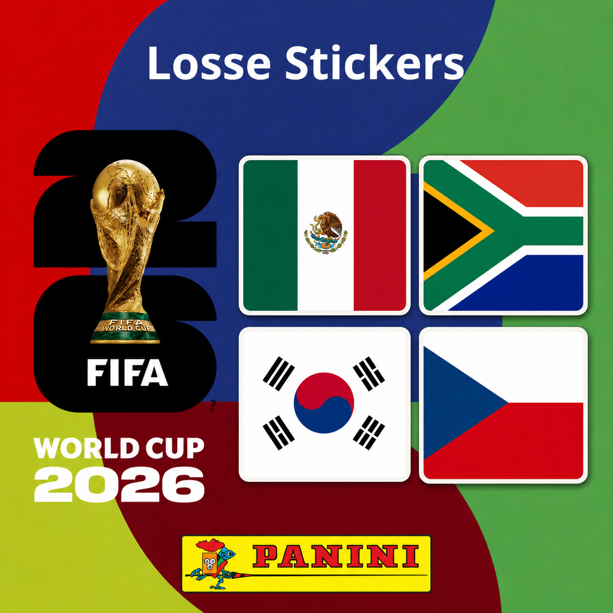 Collexstickers World Cup 2026 loose stickers featuring Mexico, South Africa, South Korea, and Czech Republic flags and logos.