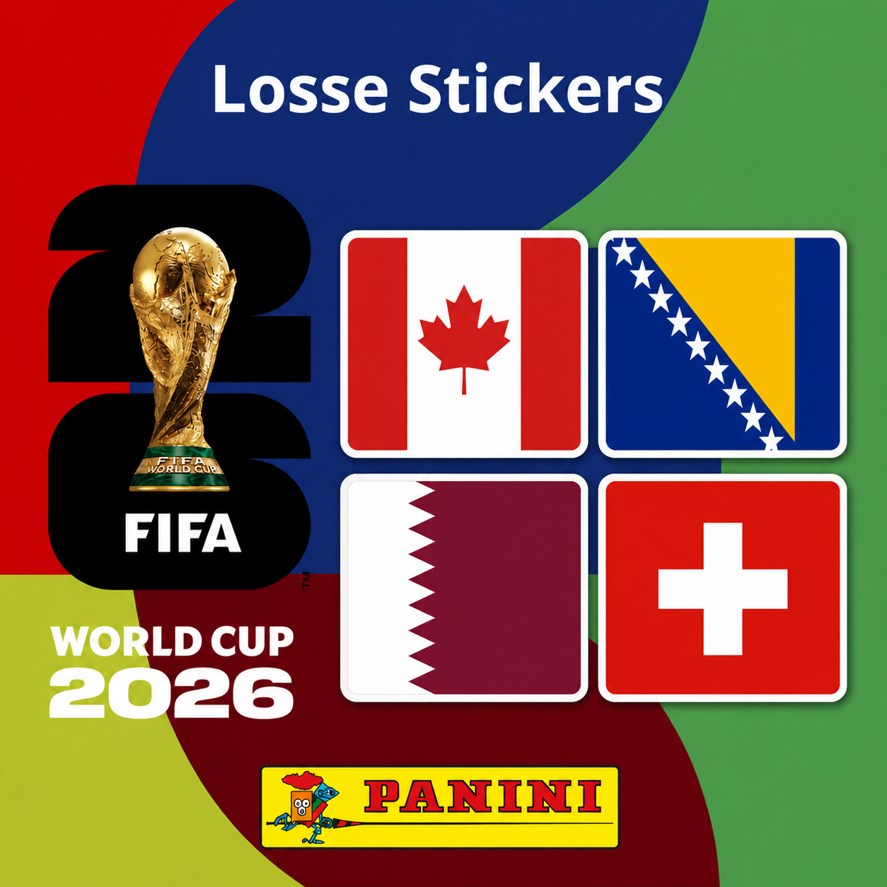 Collexstickers World Cup 2026 loose stickers featuring Canada, Bosnia, Qatar, and Switzerland flags and team logos