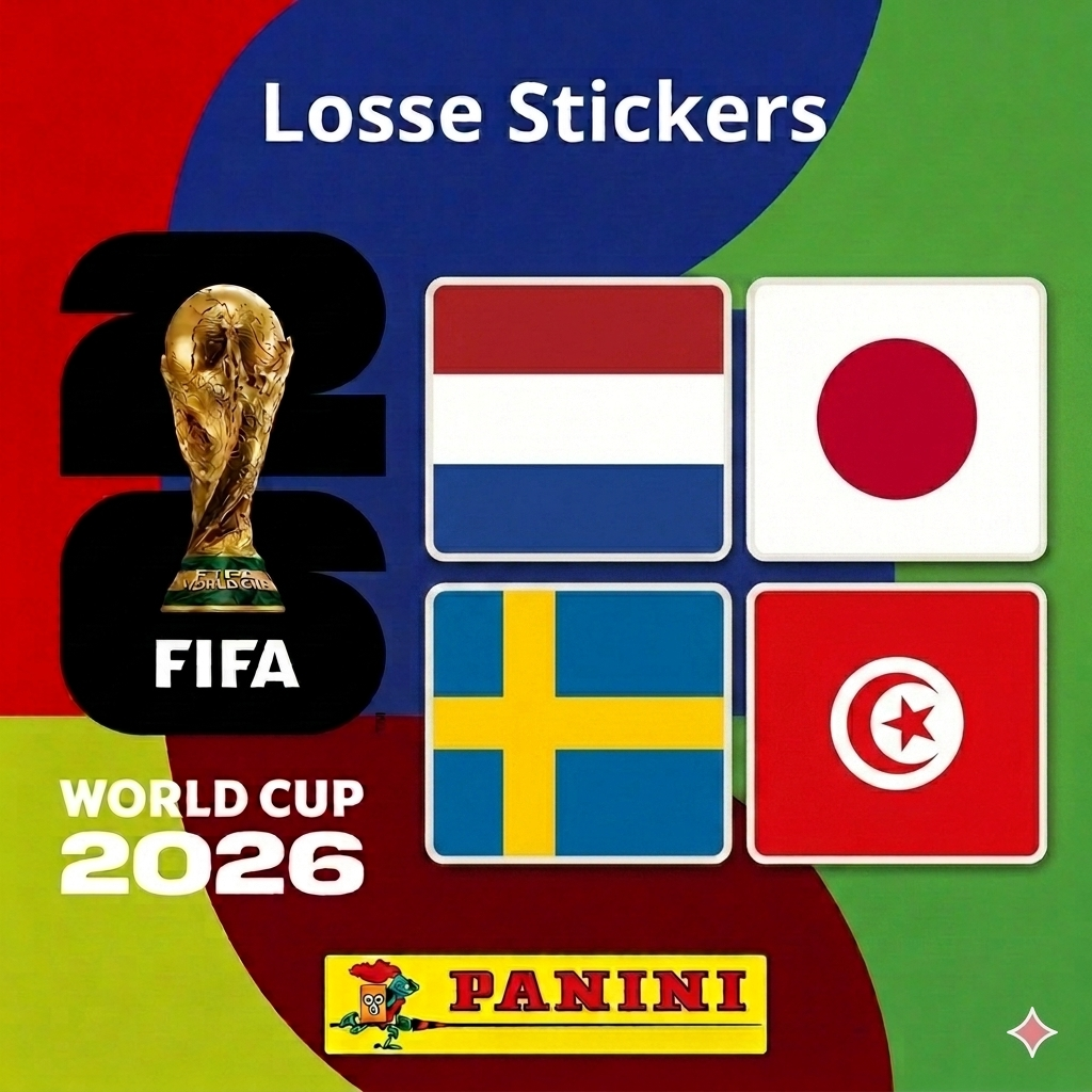 Set of Collexstickers World Cup 2026 decals featuring Netherlands, Japan, Sweden, and Tunisia flags and country symbols.