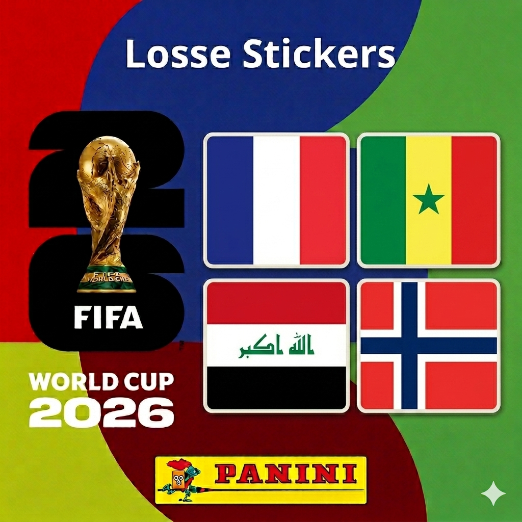 Set of Collexstickers World Cup 2026 featuring France, Senegal, Iraq, and Norway football team stickers on a white background.