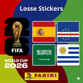 Collexstickers World Cup 2026 loose stickers featuring Spain, Cape Verde, Saudi Arabia, and Uruguay flags and team logos.