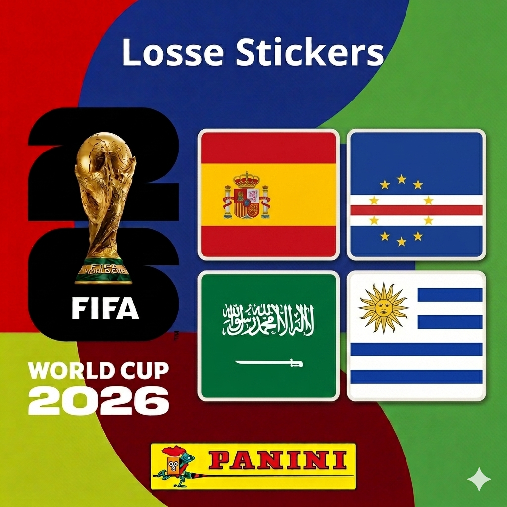 Collexstickers World Cup 2026 loose stickers featuring Spain, Cape Verde, Saudi Arabia, and Uruguay flags and team logos.