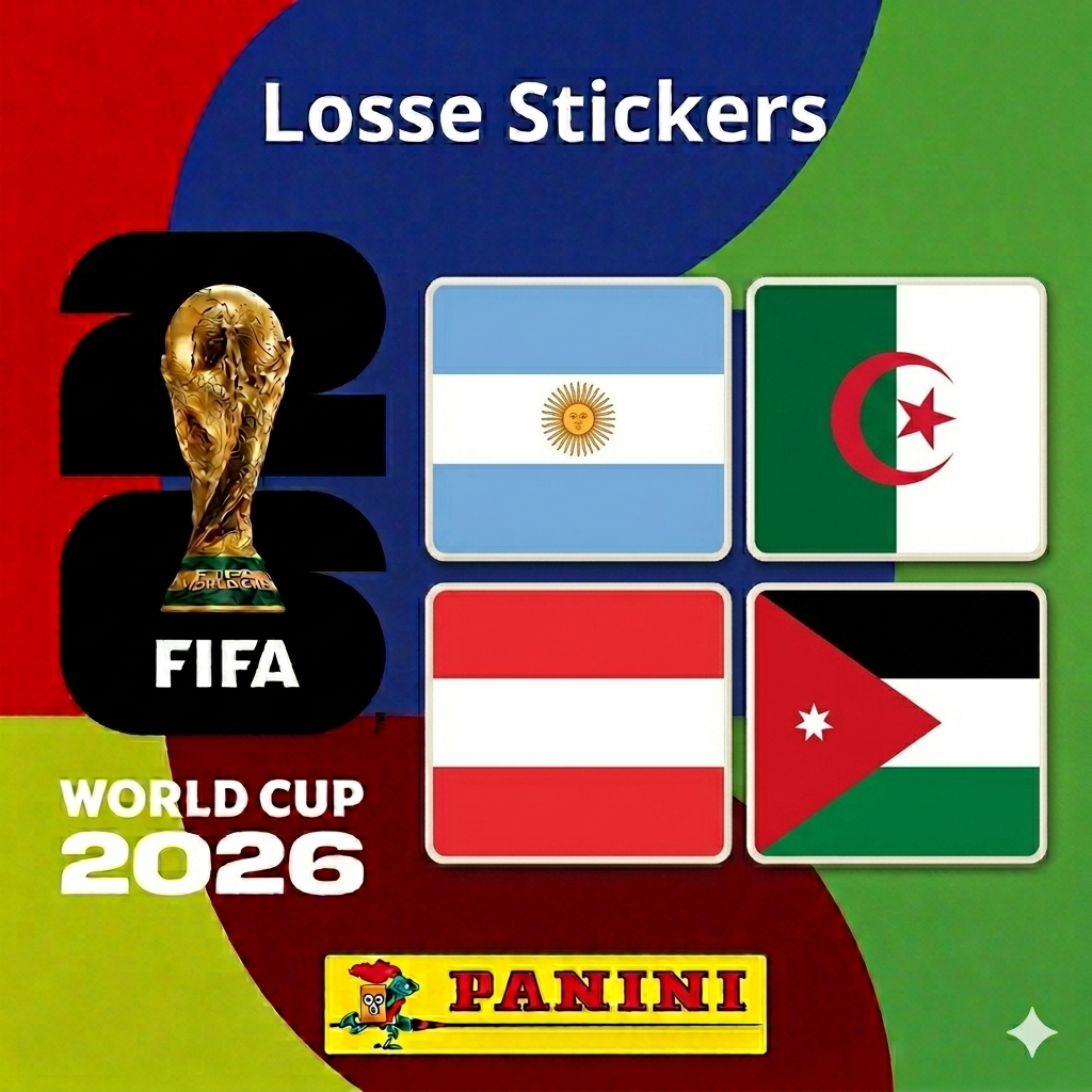 Set of Collexstickers World Cup 2026 stickers featuring Argentina, Algeria, Austria, and Jordan flags and designs.