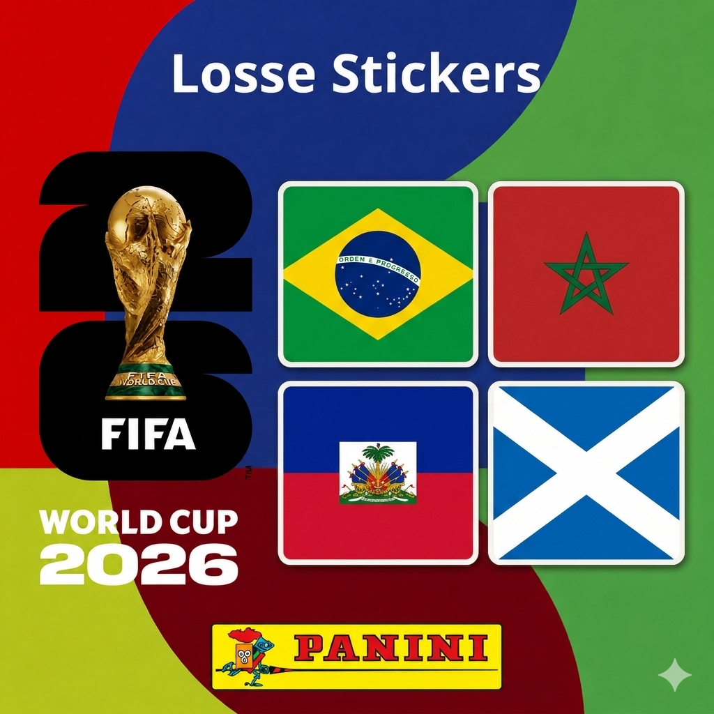 Set of Collexstickers World Cup 2026 stickers featuring Brazil, Morocco, Haiti, and Scotland flags and team logos.