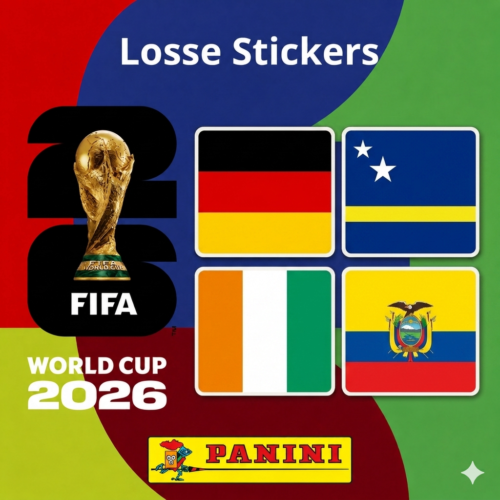 Set of Collexstickers World Cup 2026 featuring Germany, Curaçao, Ivory Coast, and Ecuador flags and sports icons.