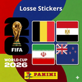 Collexstickers World Cup 2026 loose stickers featuring Belgium, Egypt, Iran, and New Zealand flags and designs.