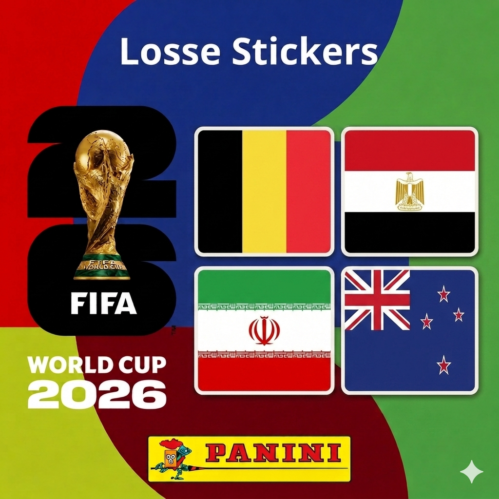 Collexstickers World Cup 2026 loose stickers featuring Belgium, Egypt, Iran, and New Zealand flags and designs.