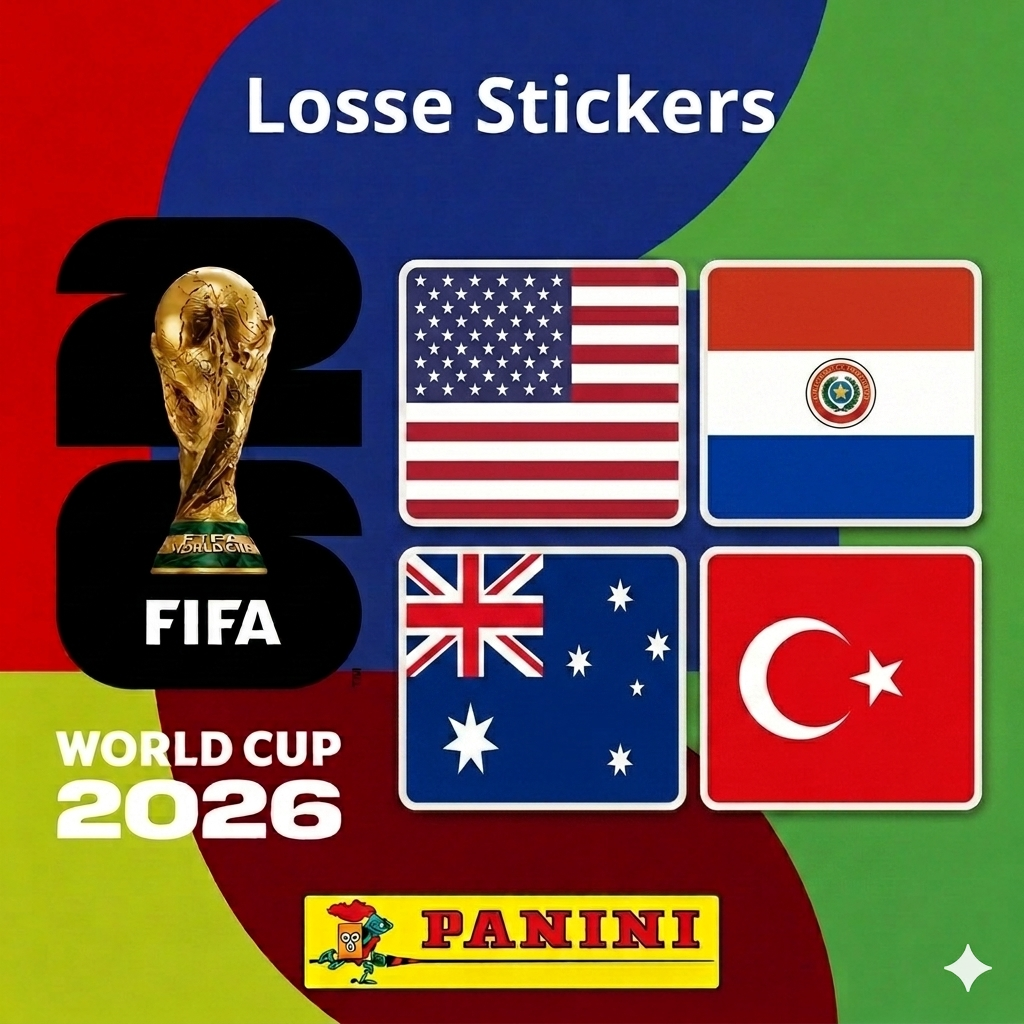 Collexstickers World Cup 2026 loose stickers featuring USA, Paraguay, Australia, and Turkey football team designs.