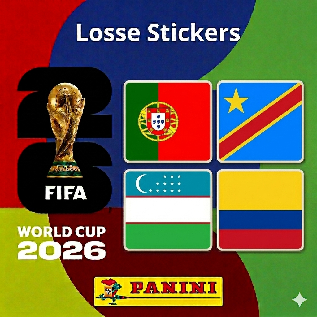 Collexstickers World Cup 2026 loose stickers featuring Portugal, Congo, Uzbekistan, and Colombia flags and team logos