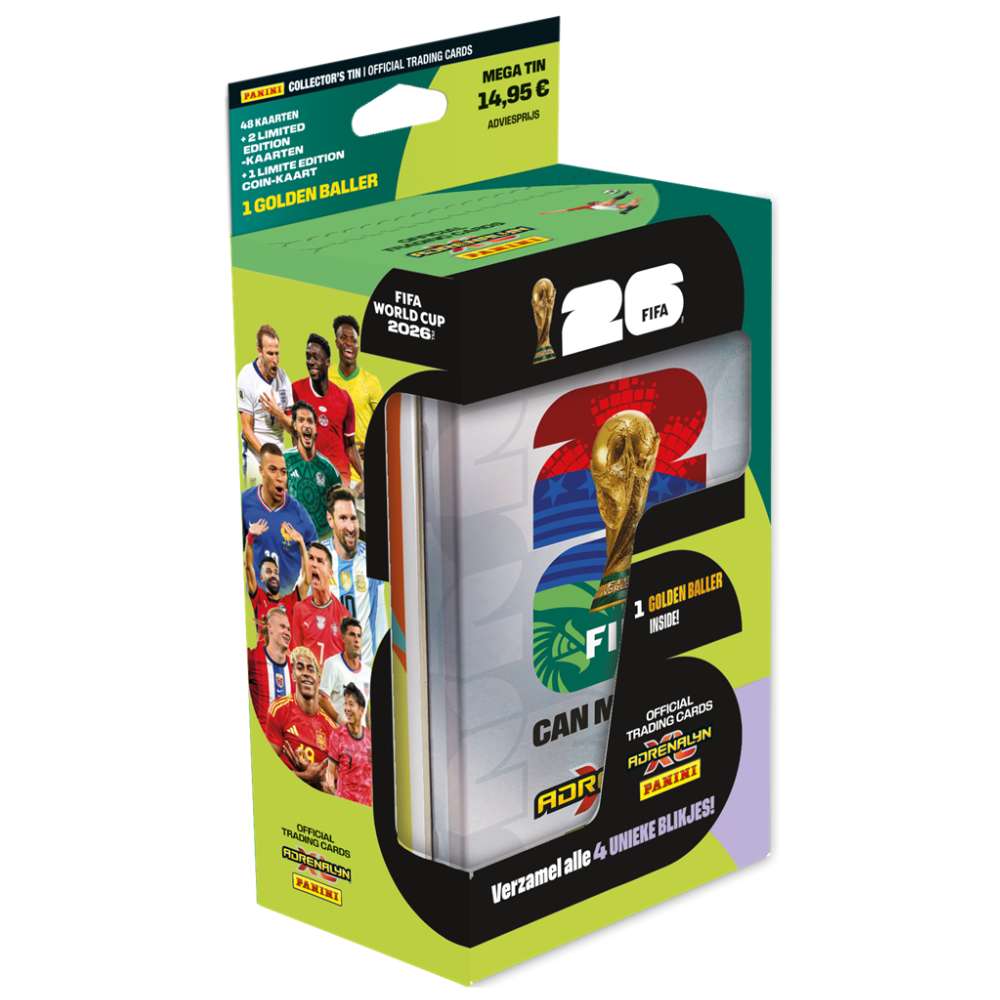 Panini World Cup Adrenalyn XL 2026 Mega Tin with collectible football trading cards and packaging by Collexstickers.