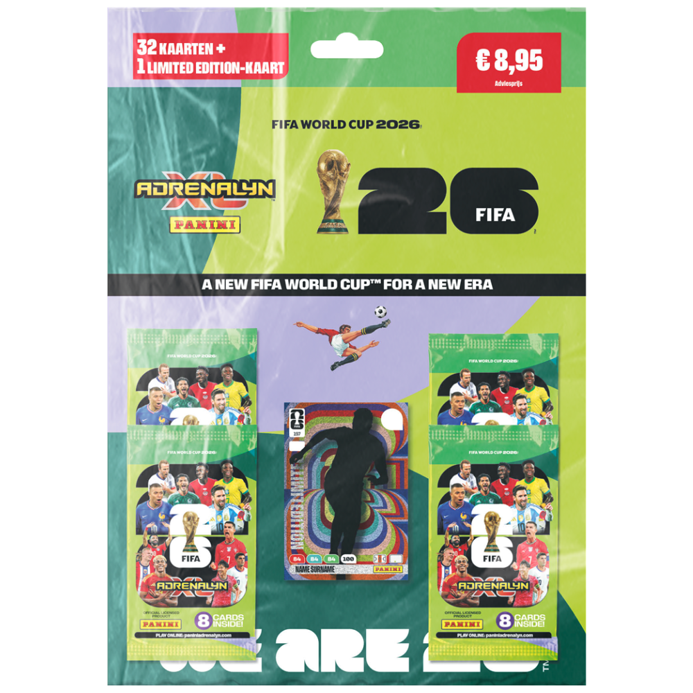 Panini World Cup Adrenalyn XL 2026 multi-set featuring collectible trading cards in a colorful pack.