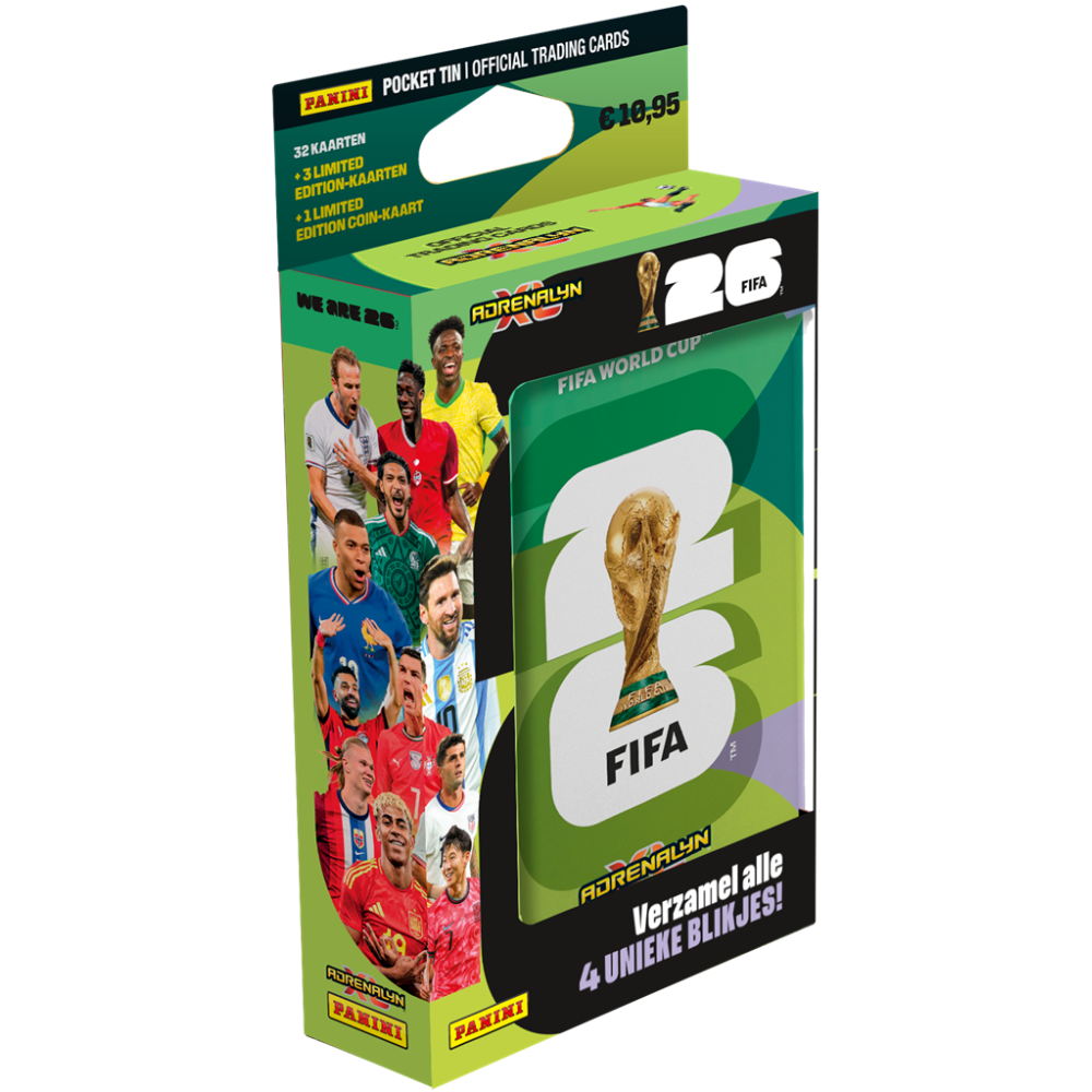 Panini World Cup Adrenalyn XL 2026 pocket tin featuring collectible trading cards and packaging by Collexstickers.
