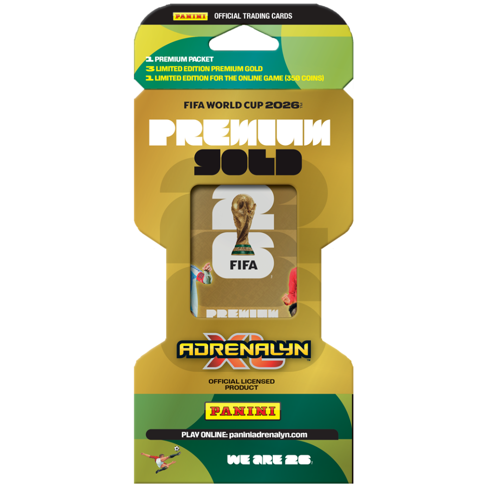 Panini World Cup Adrenalyn XL 2026 Premium Gold Pack featuring collectible trading cards with gold accents from Collexstickers.