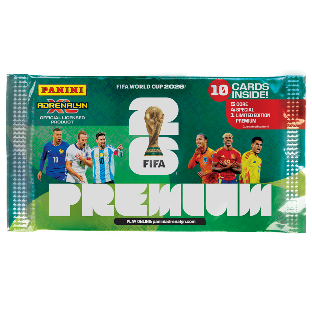 Panini World Cup Adrenalyn XL 2026 premium display with 10 packs of collectible football trading cards by Collexstickers