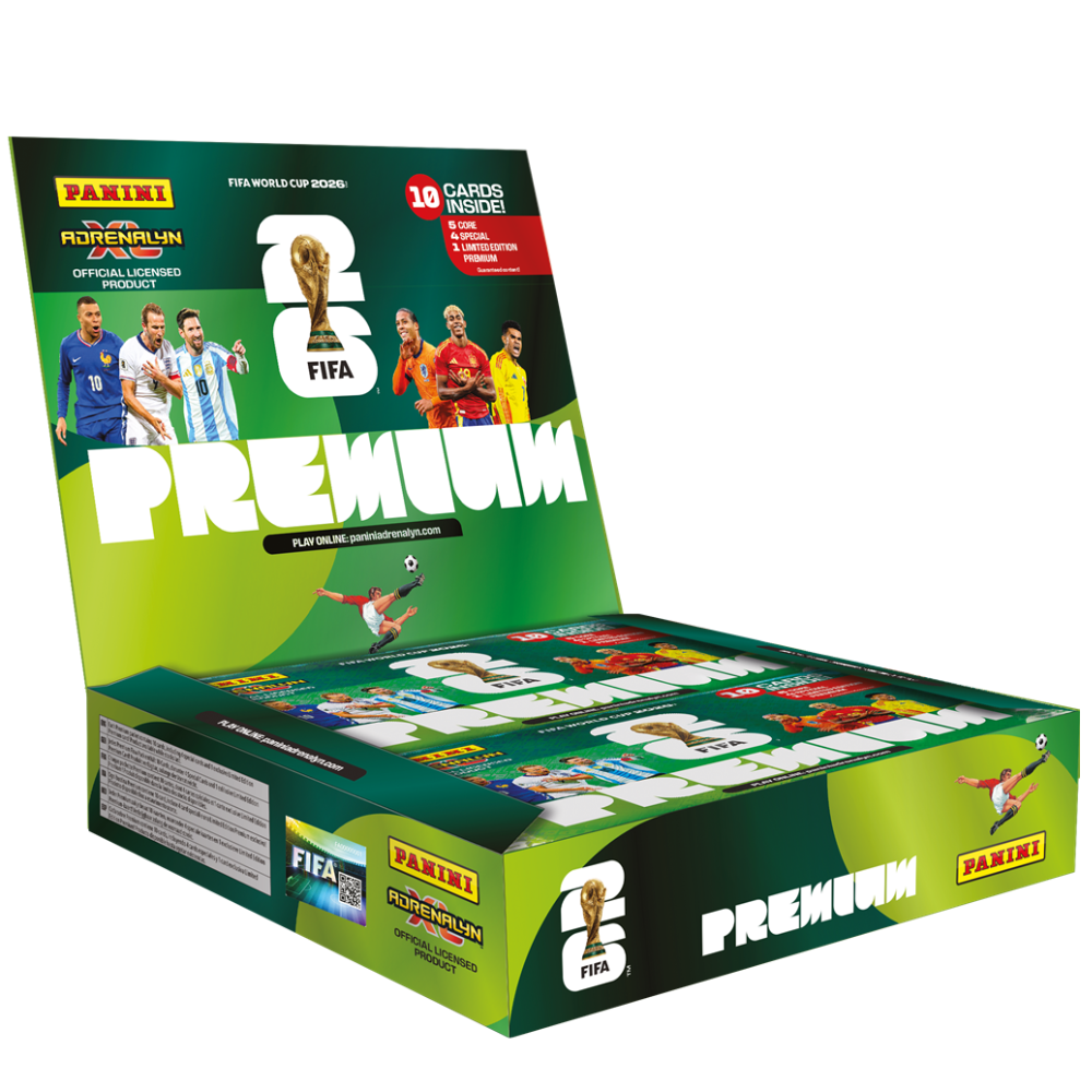 Panini World Cup Adrenalyn XL 2026 premium display with 10 packs of collectible trading cards by Collexstickers.