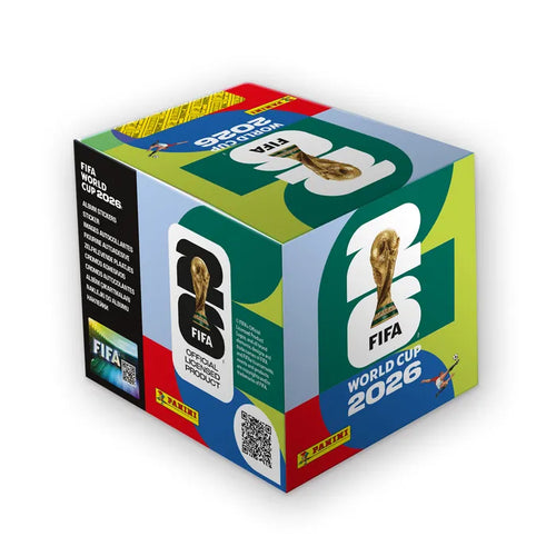 Panini World Cup 2026 stickers starter bundle by Collexstickers, featuring a display box with 50 packs of collectible stickers.