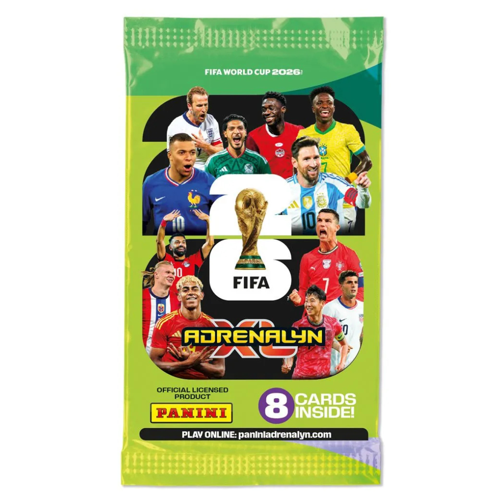 Collexstickers Panini World Cup Adrenalyn XL 2026 booster pack with colorful soccer cards and vibrant World Cup-themed design.
