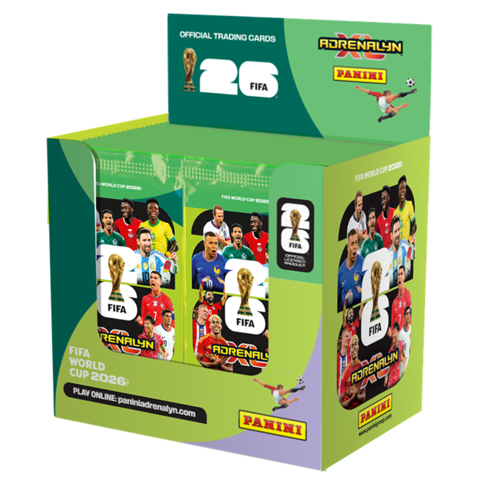 Panini World Cup Adrenalyn XL 2026 display with 50 packs of collectible trading cards by Collexstickers.