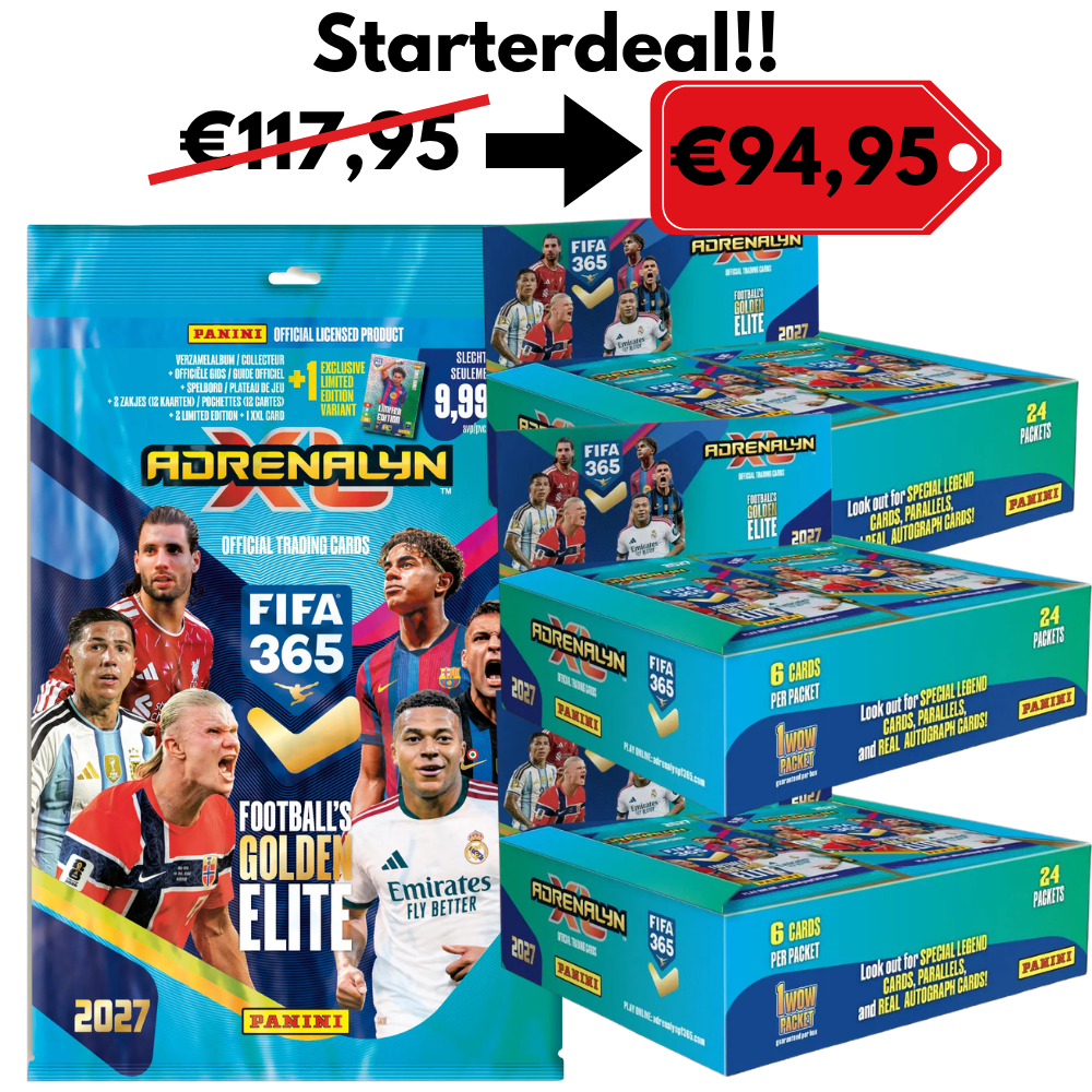 Collexstickers Panini Adrenalyn XL FIFA 365 2027 Starterdeal card set featuring football player cards and collectible packaging.