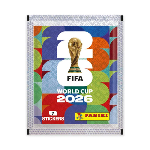 Collexstickers Panini World Cup 2026 sticker display box with 50 packs for pre-order, featuring colorful football sticker packs.